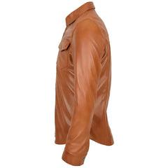 Men's Tan Button-Up Leather Shirt Jacket