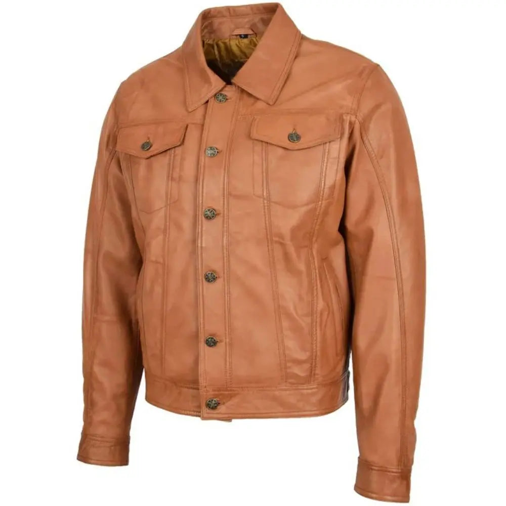 Men's Tan Button-Up Leather Trucker Jacket