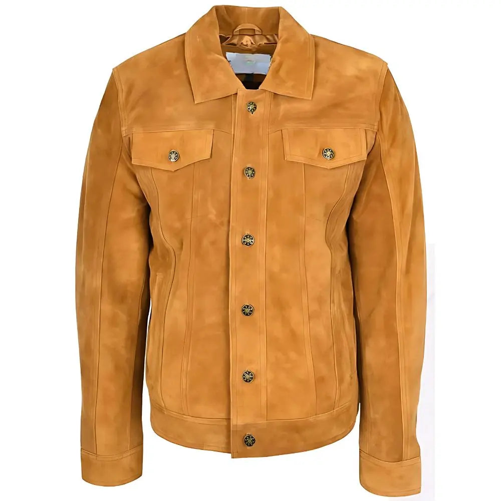 Men's Tan Suede Button-Up Leather Trucker Jacket