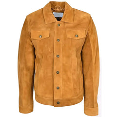 Men's Tan Suede Button-Up Leather Trucker Jacket