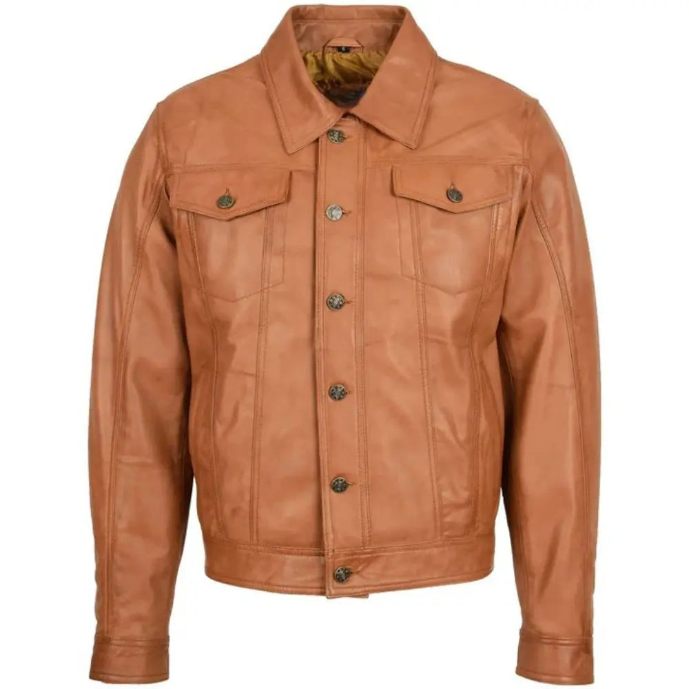 Men's Tan Button-Up Leather Trucker Jacket