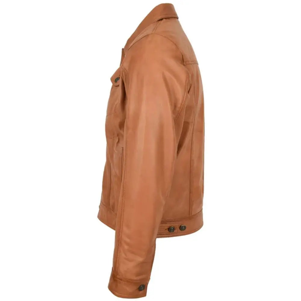 Men's Tan Button-Up Leather Trucker Jacket