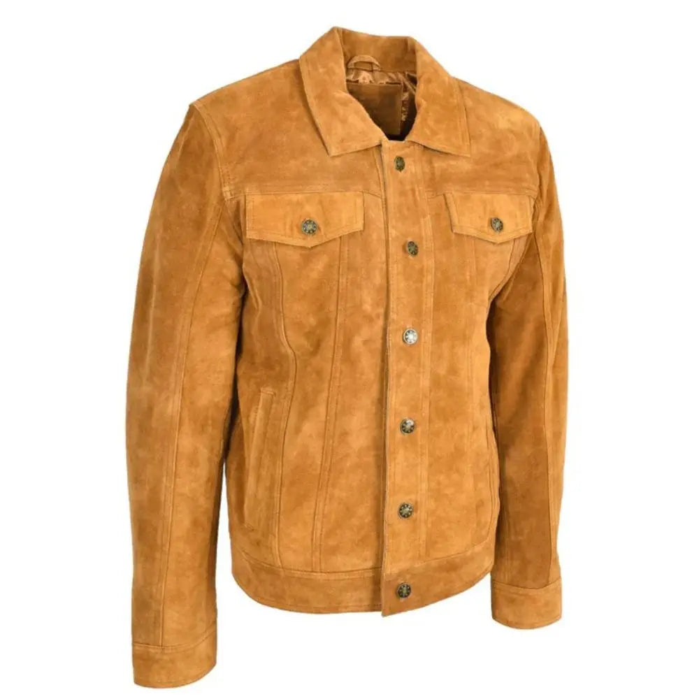 Men's Tan Suede Button-Up Leather Trucker Jacket