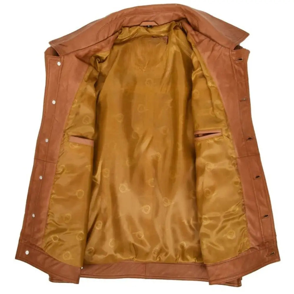 Men's Tan Button-Up Leather Trucker Jacket