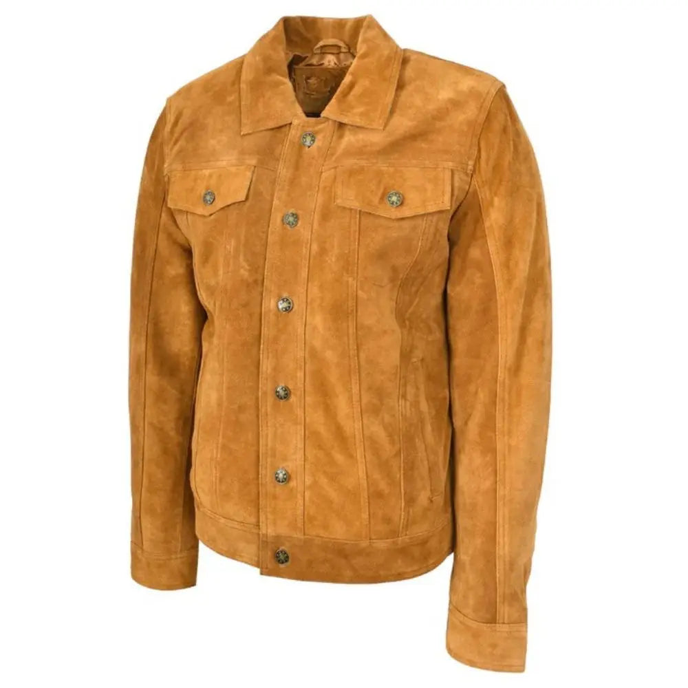 Men's Tan Suede Button-Up Leather Trucker Jacket