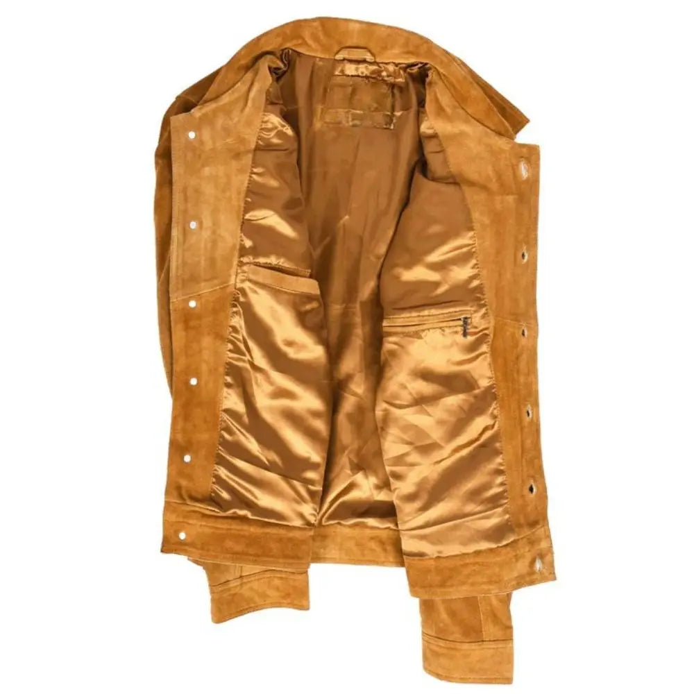 Men's Tan Suede Button-Up Leather Trucker Jacket