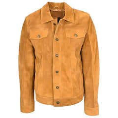 Men's Tan Suede Button-Up Leather Trucker Jacket