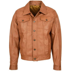 Men's Tan Button-Up Leather Trucker Jacket