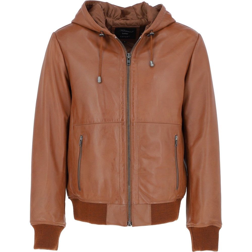 Men’s Tan Leather Hooded Bomber Jacket