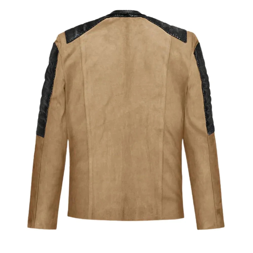 Men’s Tan Leather Jacket with Black Shoulder Panels