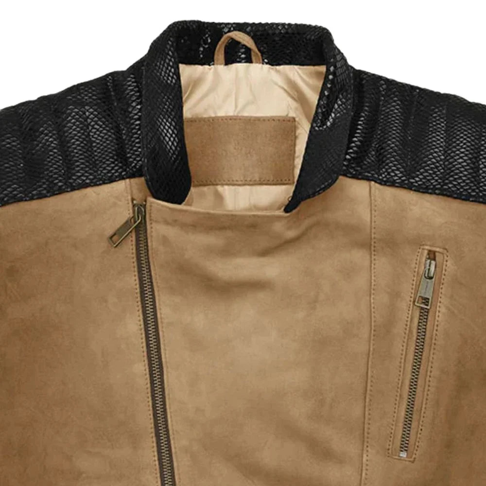 Men’s Tan Leather Jacket with Black Shoulder Panels