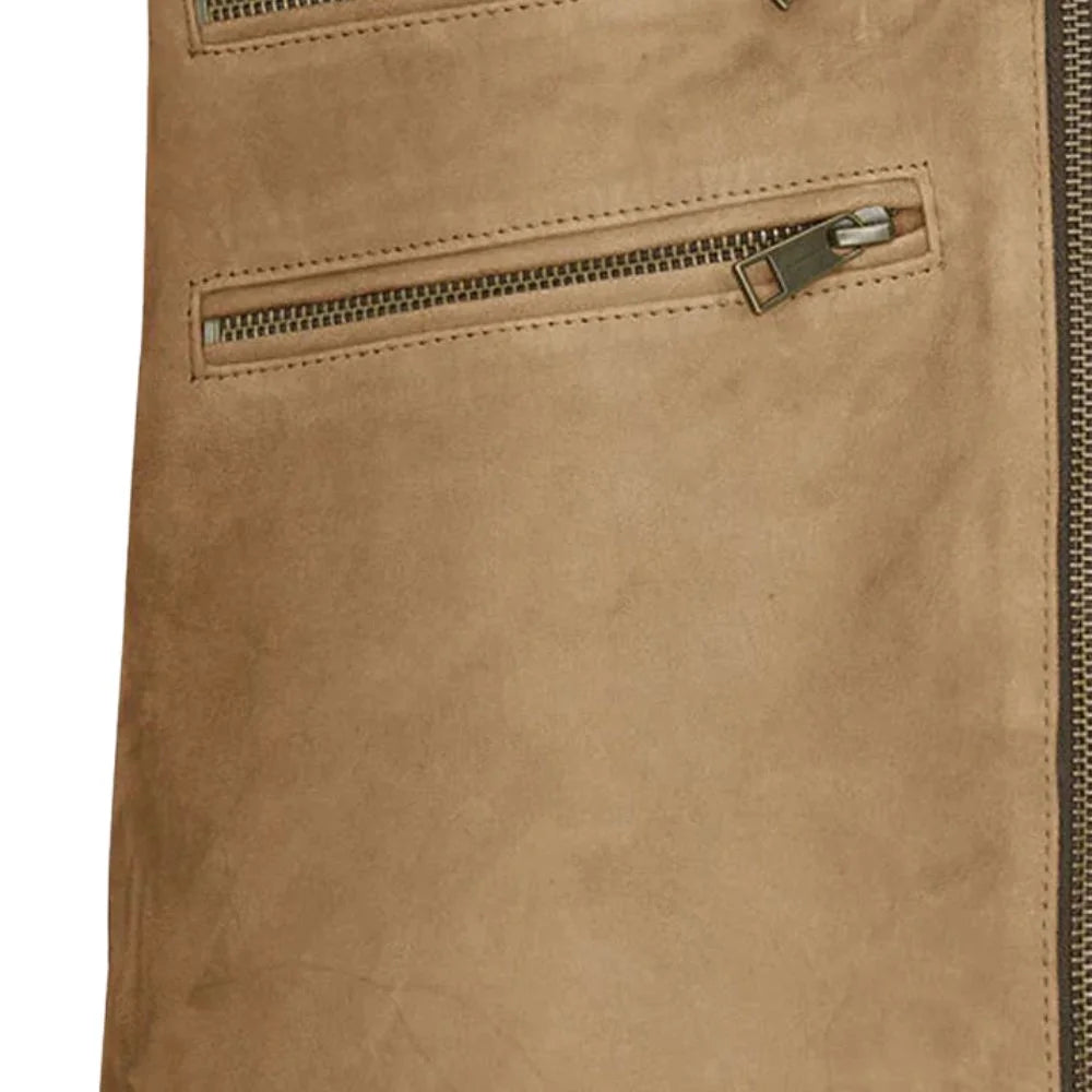 Men’s Tan Leather Jacket with Black Shoulder Panels