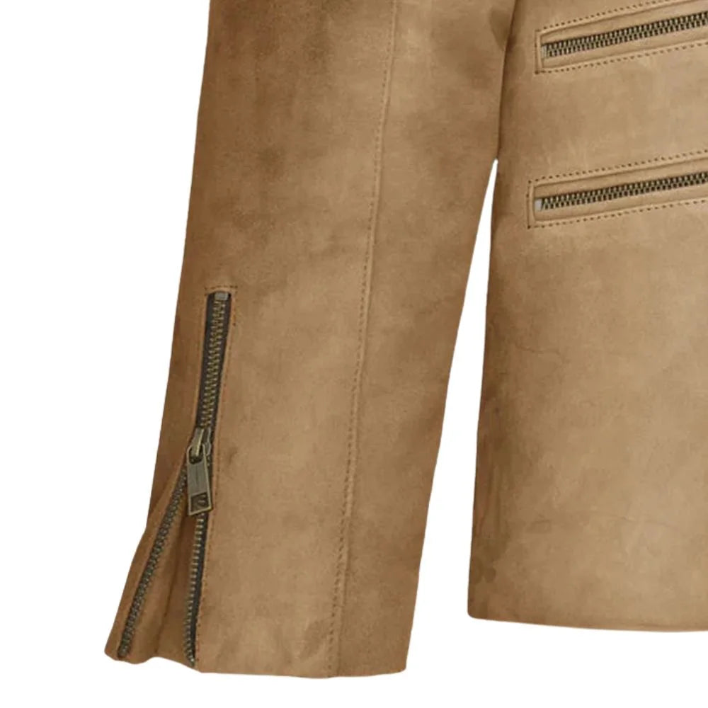 Men’s Tan Leather Jacket with Black Shoulder Panels