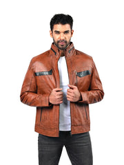 Men’s Tan Leather Jacket with Contrast Panels Front 