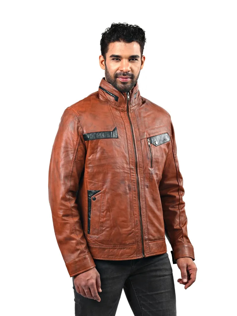 Men’s Tan Leather Jacket with Contrast Panels Full