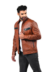 Men’s Tan Leather Jacket with Contrast Panels Left 
