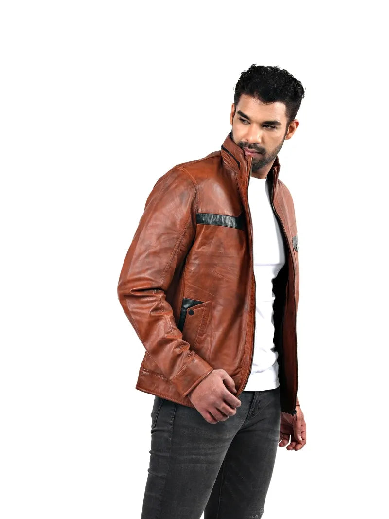 Men’s Tan Leather Jacket with Contrast Panels Right 