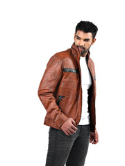 Men’s Tan Leather Jacket with Contrast Panels Right 
