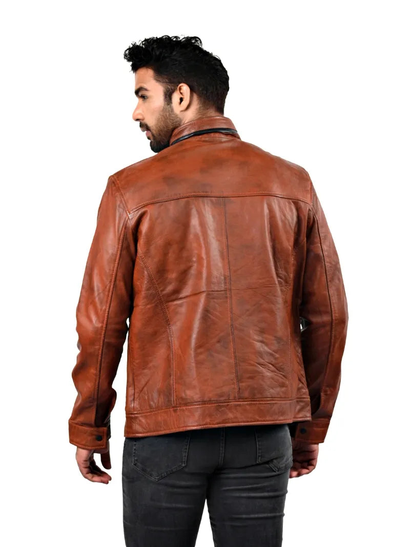 Men’s Tan Leather Jacket with Contrast Panels Back 