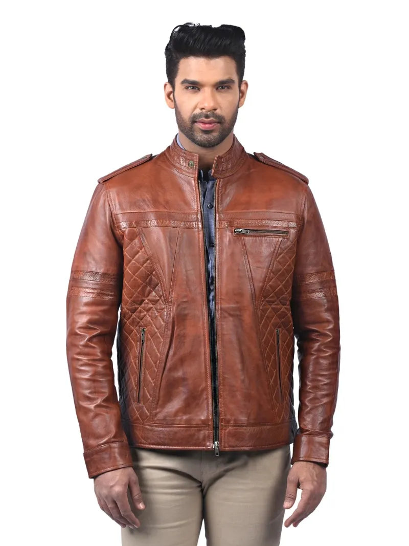 Men’s Tan Leather Jacket with Quilted Panels Front