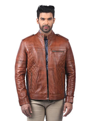 Men’s Tan Leather Jacket with Quilted Panels Front