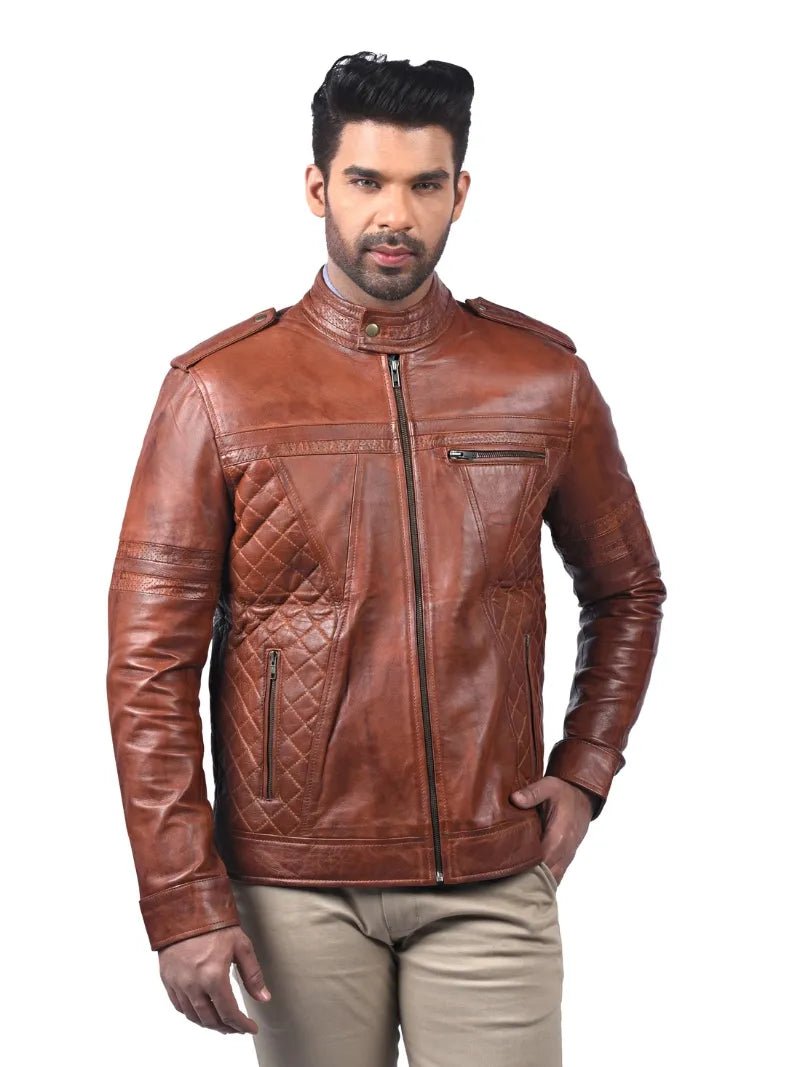 Men’s Tan Leather Jacket with Quilted Panels Full