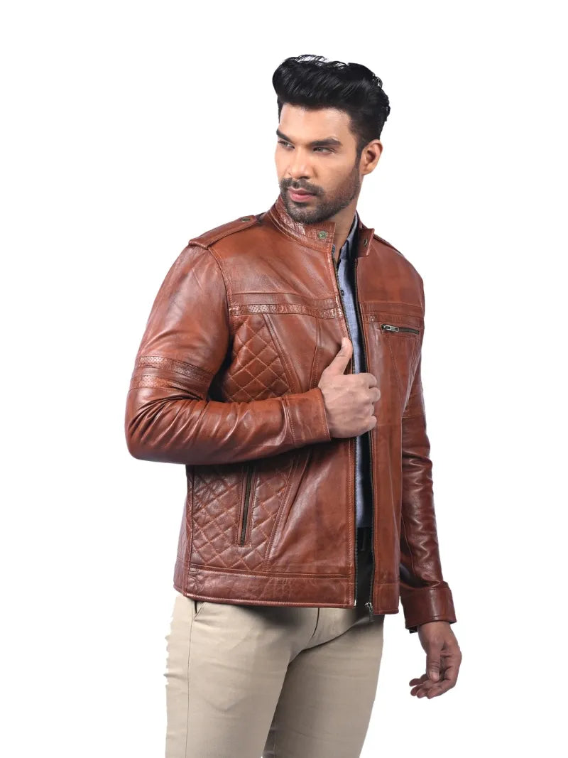 Men’s Tan Leather Jacket with Quilted Panels Right 
