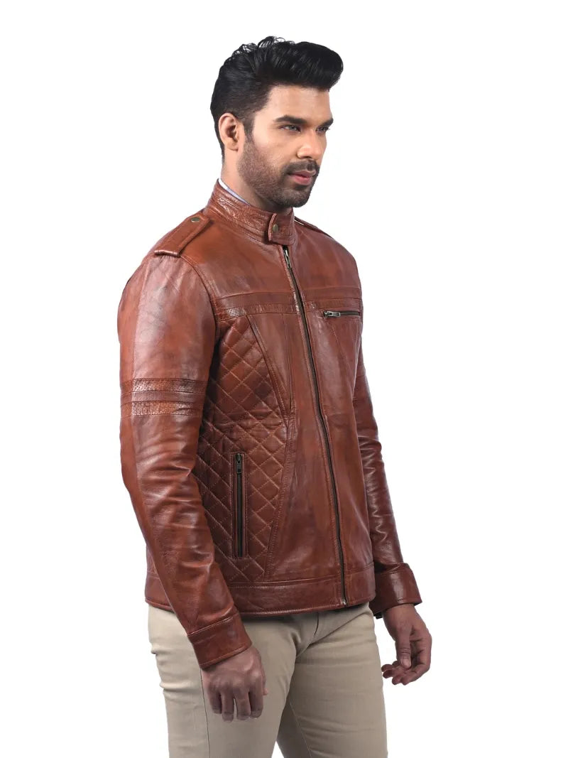 Men’s Tan Leather Jacket with Quilted Panels Right 