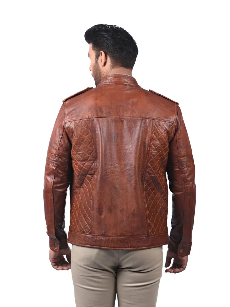 Men’s Tan Leather Jacket with Quilted Panels Back