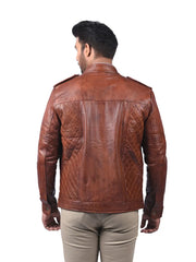 Men’s Tan Leather Jacket with Quilted Panels Back