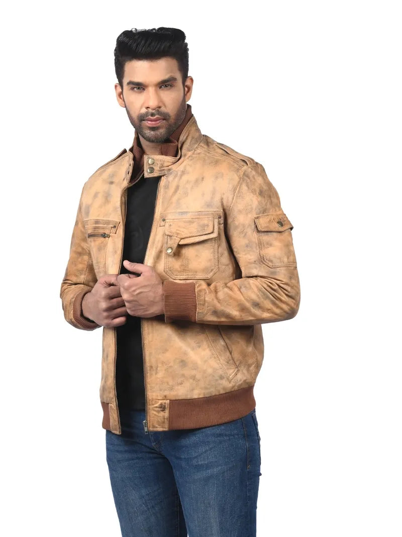 Men’s Tan Leather Utility Jacket Left