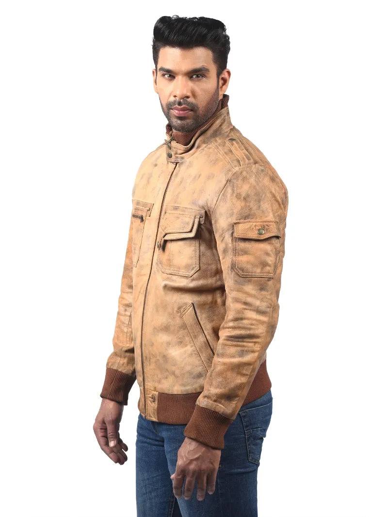 Men’s Tan Leather Utility Jacket Left