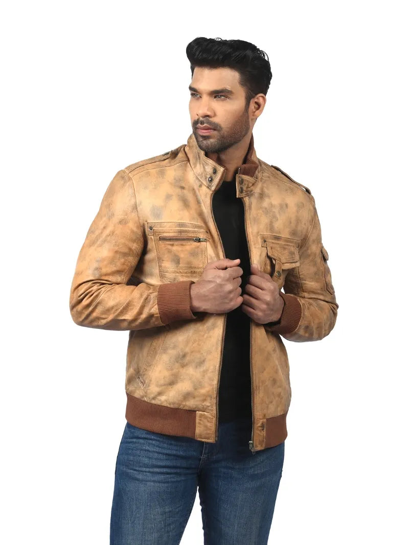 Men’s Tan Leather Utility Jacket Right