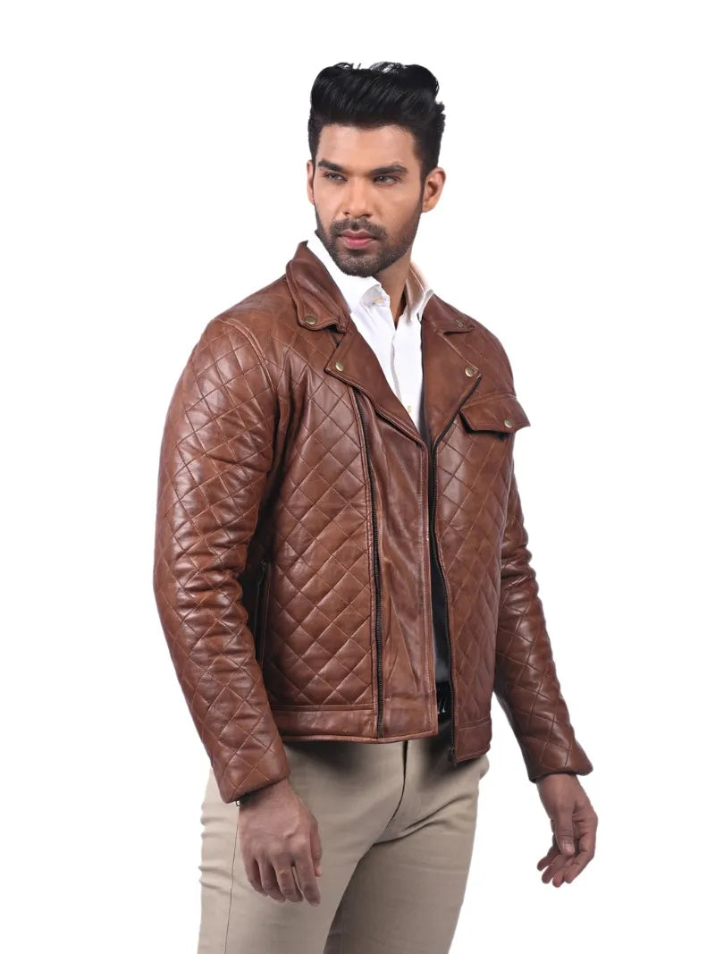 Men’s Tan Quilted Leather Jacket Right 