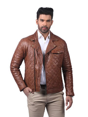 Men’s Tan Quilted Leather Jacket Front