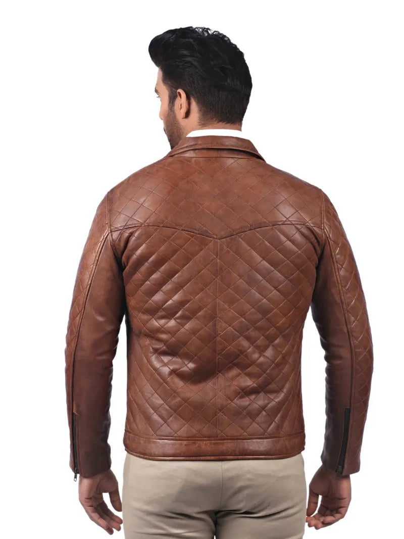 Men’s Tan Quilted Leather Jacket Back