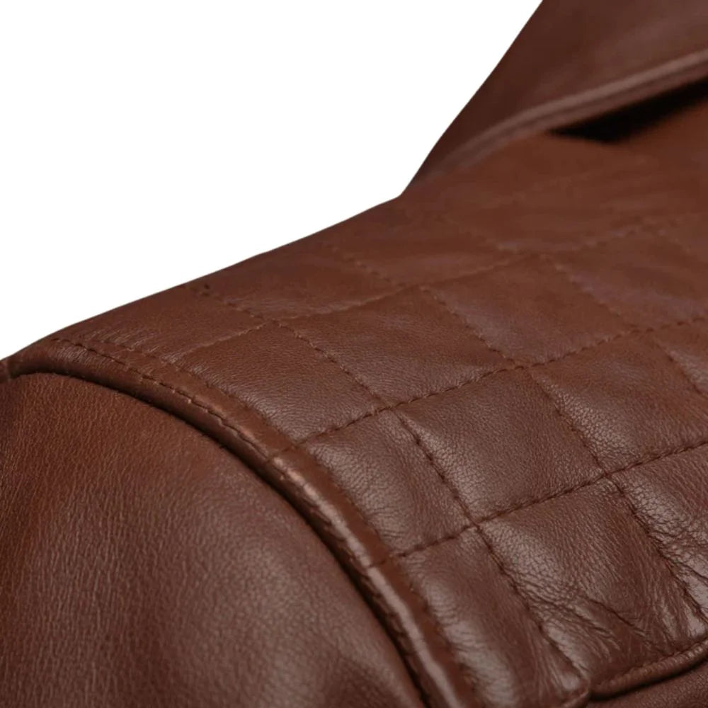 Men’s Tan Quilted Shoulder Leather Jacket