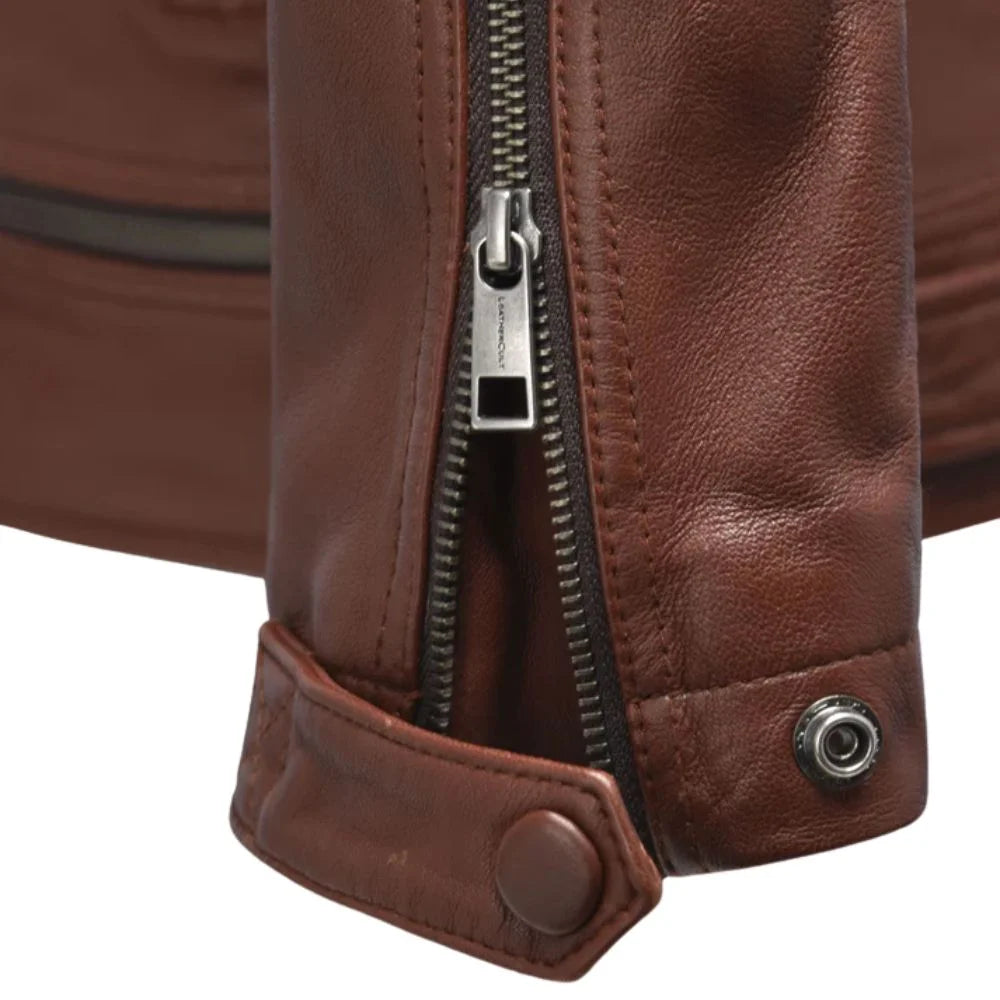 Men’s Tan Quilted Shoulder Leather Jacket