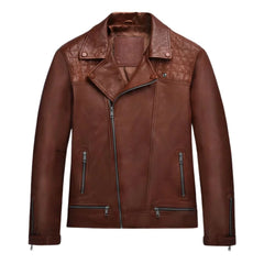 Men’s Tan Quilted Shoulder Leather Jacket