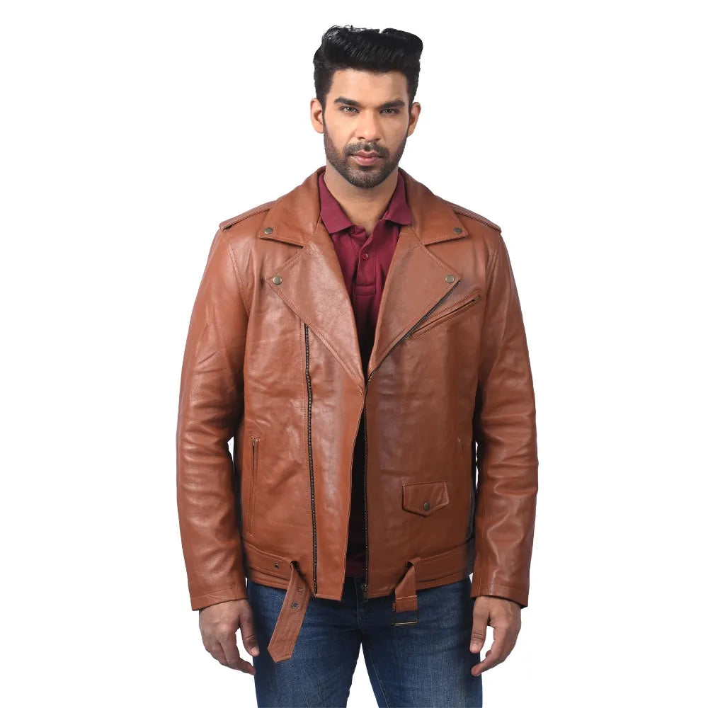 Men’s Tan Real Leather Asymmetrical Jacket
