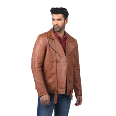 Men’s Tan Real Leather Asymmetrical Jacket