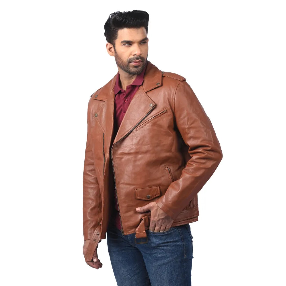 Men’s Tan Real Leather Asymmetrical Jacket