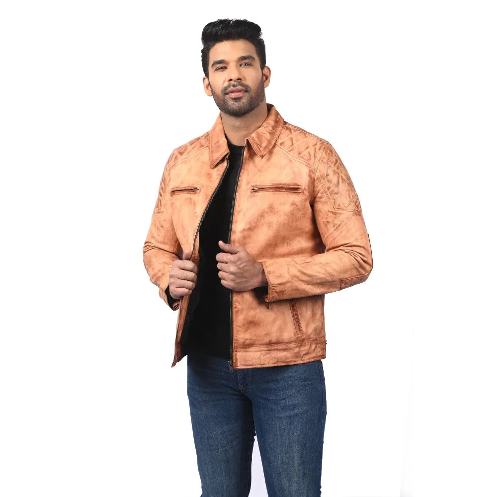 Men’s Tan Real Leather Quilted Shoulder Jacket