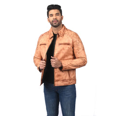 Men’s Tan Real Leather Quilted Shoulder Jacket