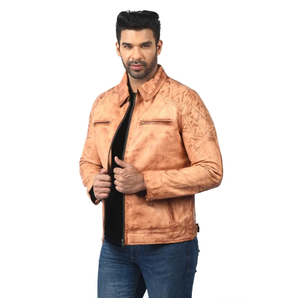 Men’s Tan Real Leather Quilted Shoulder Jacket