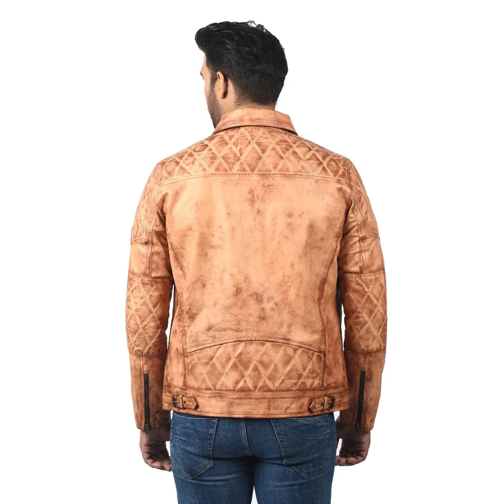 Men’s Tan Real Leather Quilted Shoulder Jacket
