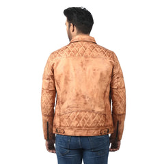 Men’s Tan Real Leather Quilted Shoulder Jacket