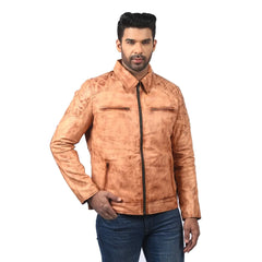Men’s Tan Real Leather Quilted Shoulder Jacket