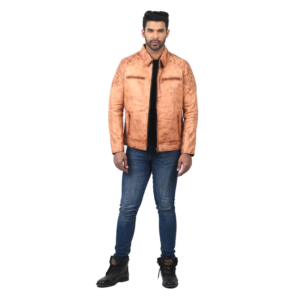 Men’s Tan Real Leather Quilted Shoulder Jacket