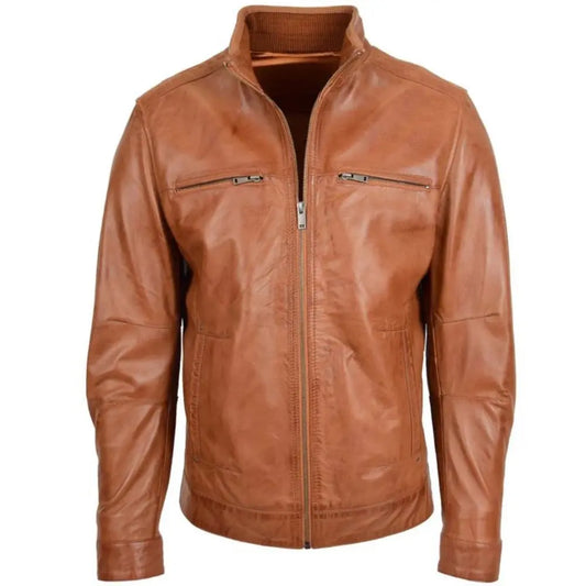 Men’s Tan Ribbed Collar Biker Leather Jacket 